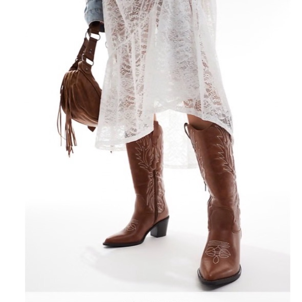 ASOS Brown Western Embroidered Heeled Boots